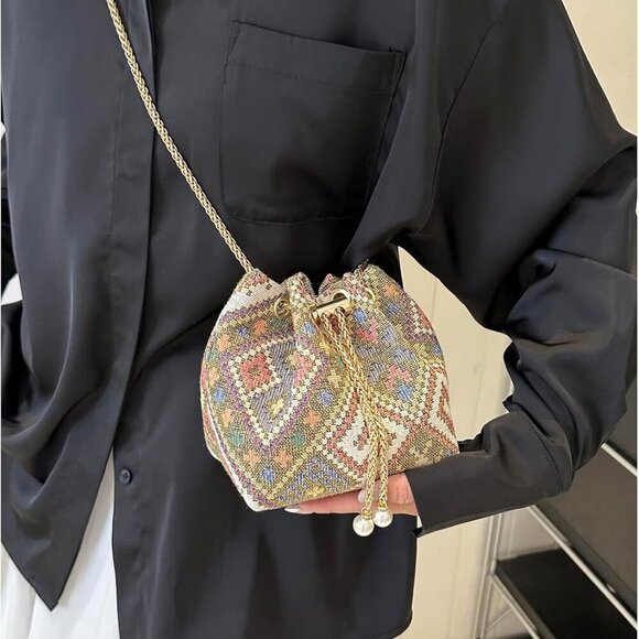 Mini Plaid Drawstring Tote Bag Women Casual Polyester with Metal Strap - Picture 7 of 7